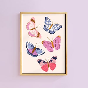 Lámina artística de mariposas de jardín primaveral, sin marco, tamaño A6, A5, A4, A3, A2, A1, color lila, rosa y coral, para decoración de pared de guardería de verano.