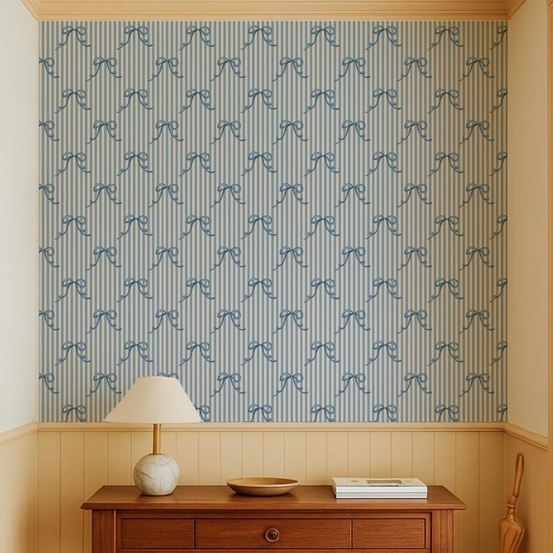 Pirouette Blue Bow Wallpaper with Candy Stripe and Hand Drawn Ribbon by Oh SO Daisy in a country entry way interior setting