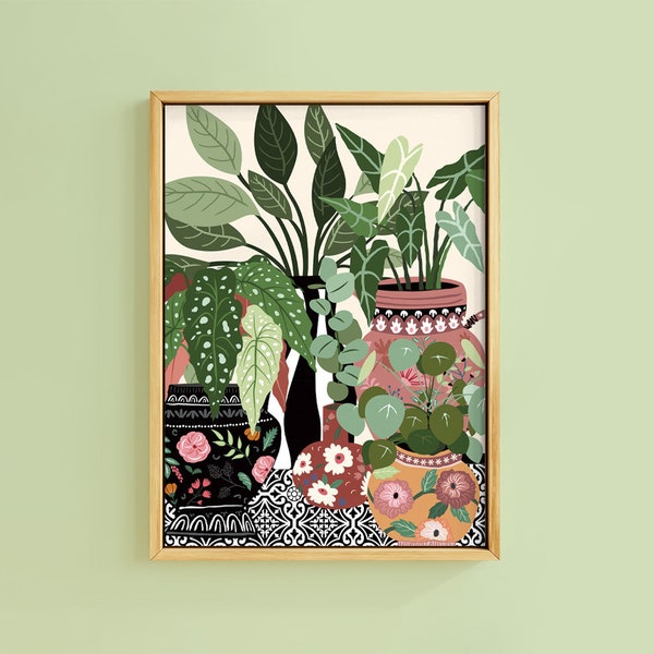 Boho Bud Jarrones antiguos Planta botánica Geo Tile Plants Art Print / Sin enmarcar A6 A5 A4 A3 A2 A1 / Colgante Macrame Gallery Cottage Core Decor