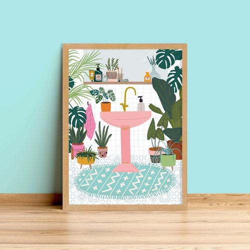 Bathroom Prints Pink Bathroom Botanical House Plants Art Etsy