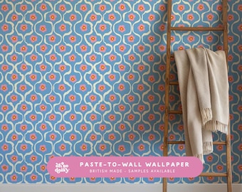 Wavy Floral Wallpaper Roll: Blue Retro Mid-Century Modern Home Decor