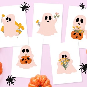 Spooky Cute Retro Ghosts Set of 5 Halloween Mini Art Prints | Unframed A6 Postcard | Cute Fun Bold Pumpkin Ghosts Postcards Boo Bunting