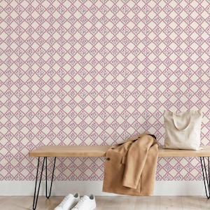 Vintage Pink Floral Wallpaper, Tulip Trellis Bouquet, Retro Cottage Wall Decor