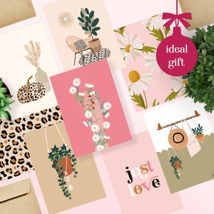 Conjunto de 8 impressões artísticas com margaridas selvagens e vibrações boho | Cartão postal A6 sem moldura | Pacote de lembretes de macramê com estampa de leopardo e plantas suspensas botânicas