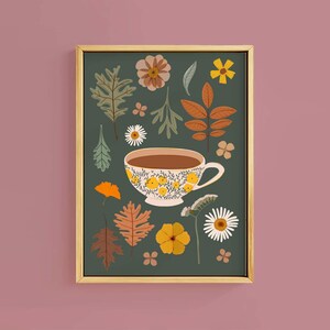 Gemütliche Herbst Tee Blätter Blumen Herbst Botanische Bunte Wand-Kunst-Druck | Ungerahmt A6 A5 A4 A3 A2 A1 |