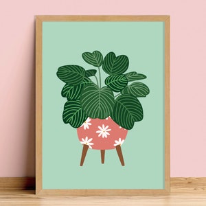 Retro Pot Calathea Light Teal Plant Botanical Print Unframed A6 A5 A4 A3 A2 A1 Decor House Gallery Leaves Dots 60's 70's Groovy image 2