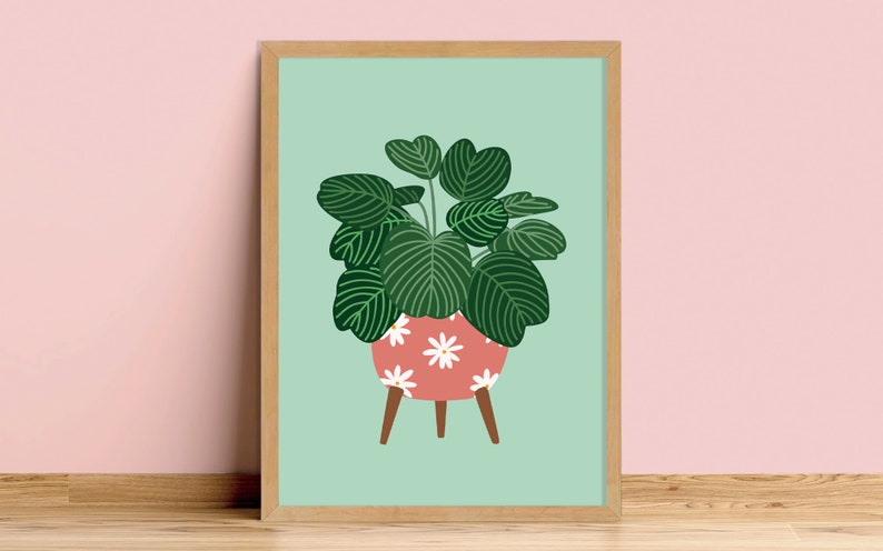 Retro Pot Calathea Light Teal Plant Botanical Print Unframed A6 A5 A4 A3 A2 A1 Decor House Gallery Leaves Dots 60's 70's Groovy image 2