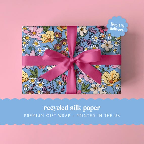 Blue Wildflower Luxury Gift Wrap Sheet |  A2 sheets - 42 x 59.4 cm | Recycled Silk Paper | Floral Wrapping Paper for Birthdays, Weddings