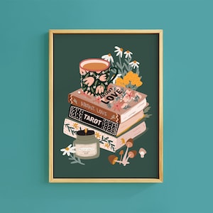 Gemütliche Abende Wald Bücher Herbst Tee Kunstdruck | Ungerahmt A6 A5 A4 A3 A2 A1 | Retro-Galeriewandposter Lesung Botanisches Cottagecore-Dekor