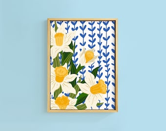 Daffodil Study on Painted Tiles Spring Art Print | Unframed A6 A5 A4 A3 A2 A1 | Daisy Cottage Core Floral Bold Kitchen Decor Narcissus