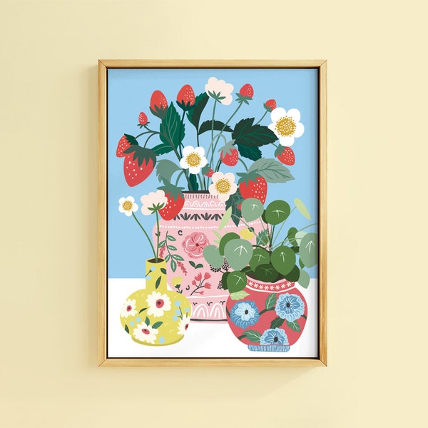 Strawberry Bunch in Antique Vases Botanical House Plant Art Print | Unframed A6 A5 A4 A3 A2 A1 | Decor Gallery Wall Cottage Core Statement