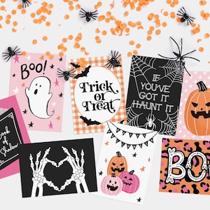 HAUNT IT Set of 8 Halloween Trick Or Treat Party Prints | Unframed A6 Art Postcard | Cute Spooky Party Postcards Pumpkin Ghost Haunted Boo