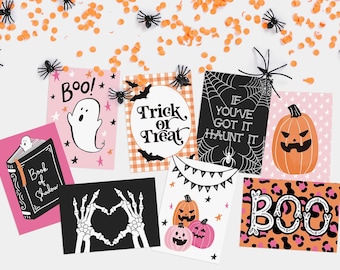 HAUNT IT Set of 8 Halloween Trick Or Treat Party Prints | Unframed A6 Art Postcard | Cute Spooky Party Postcards Pumpkin Ghost Haunted Boo