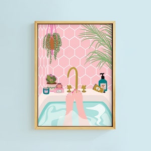 Relax In The Bath Geo Tile House Plants Art Print | Unframed A6 A5 A4 A3 A2 | Hanging Macrame Eclectic Gallery Wall Decor Bathroom