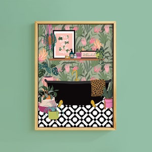 Tropical Botanical Bath House Plants Art Print | Unframed A6 A5 A4 A3 A2 A1 | Hanging Macrame Eclectic Gallery Boho Tile Decor Bathroom