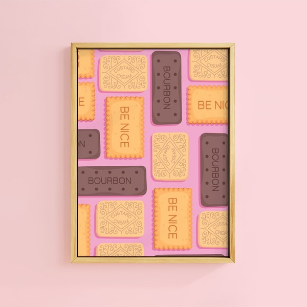 Biscuits Bourbon Custard Creams Nice Pattern Art Print | Unframed A6 A5 A4 A3 A2 A1 | Kitchen Daisy Pink Cute Retro Kitsch Food Gallery Bold