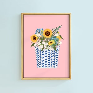 Wildflower Fern Porcelain Fries Vase Carton Kitchen Art Print | Unframed A6 A5 A4 A3 A2 A1 | Blue White Summer Colourful Home Decor Wall Art