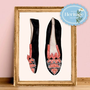 Impressão artística floral de sapatilha dançante bordada vintage | Sem moldura A6 A5 A4 A3 A2 A1 | Galeria Heritage Cottagecore Boho Garden Nature