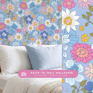 Paste-To-Wall Wallpaper | Vintage Whimsical Blue Floral Wallpaper Roll | Hand Drawn Colourful Flowers