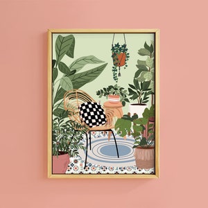 Garden Patio Retro Tile Botanical Plants Art Print | Unframed A6 A5 A4 A3 A2 A1 | Hanging Macrame Eclectic Gallery Checkerboard Home Decor