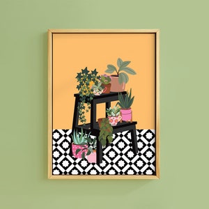 Botanical Step Ladder House Plant Geo Tile House Plants Art Print | Unframed A6 A5 A4 A3 A2 A1 | Hanging Macrame Cottage Core Gallery Decor