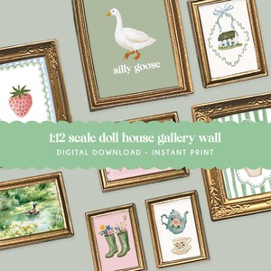 May include: A collection of 1:12 scale doll house gallery wall art prints in ornate gold frames. The prints feature a white goose with the text silly goose, a cottage, a strawberry, a duck in a pond, floral boots, and a teapot with a teacup.