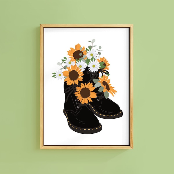 Sunflower Boots White Bunch Sunflowers Daisy Flowers Art Print | Unframed A6 A5 A4 A3 A2 | DMs Vintage Decor Girl Cool Bold Rock Goth docs