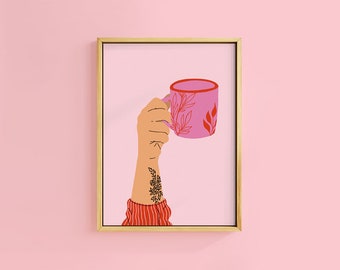 Cuppa Tea Hand Gesture Print | Unframed A6 A5 A4 A3 A2 A1 | Frame Retro Cool Vintage Girl Illustration Tattoo Gallery Pink Red Cup Mug