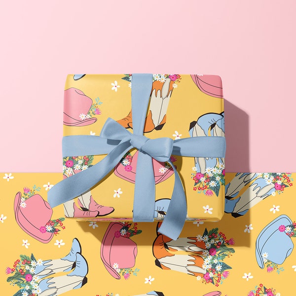 Howdy Cowgirl Boots Hat Floral Gift Wrap Sheet | A2 42 x 59.4 cm | Wrapping Paper Gift Roll Retro Colourful Birthday Thank You Cowboy