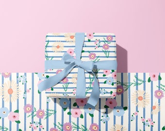 Coquette Meadow Floral Stripe Gift Wrap Sheet | A2 42 x 59.4 cm | Wrapping Paper Vintage Spring Flowers Check Birthday Thank you