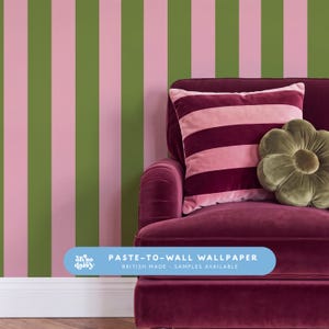 Bold Stripe Green and Pink Wallpaper Roll, Luxury Feminine Palm Springs Wall Decor for Bedrooms, Maximalist or Vintage Interiors - UK Made