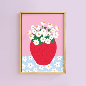 Sweet Strawberry Vase with Daisiy Bunch Art Print | Unframed A6 A5 A4 A3 A2 A1 | Botanical Kitsch Floral Kidcore Gallery Cottage Core Decor