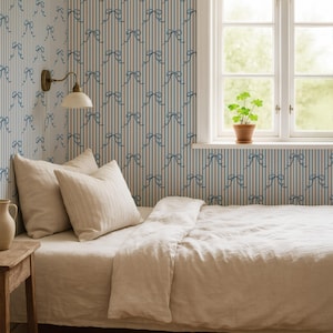 Papel tapiz de lazo azul: diseño de rayas de cinta vintage suaves