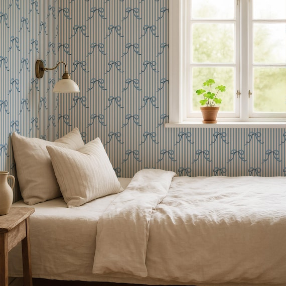 Blue Bow Wallpaper: Soft Vintage Ribbon Stripe Design