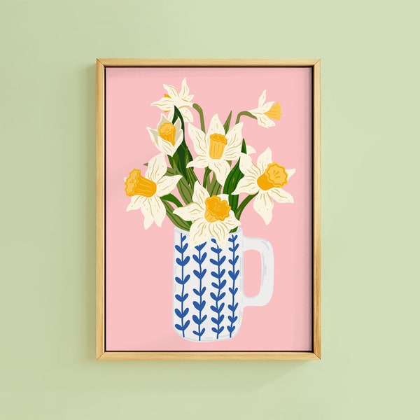 Narzissen Strauß bemalt Krug Frühling Kunstdruck | Ungerahmt A6 A5 A4 A3 A2 A1 | Gänseblümchen Becher Cottage Core Helles Blumen Bold Küchendekor Narzisse