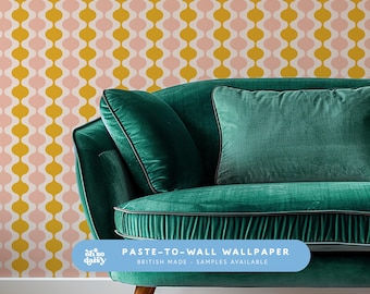Retro Wiggle Stripe Wallpaper in Yellow and Pink with a Mid-Century Modern Style - Ideal for Feature Walls and Warm Interiors - UK Made