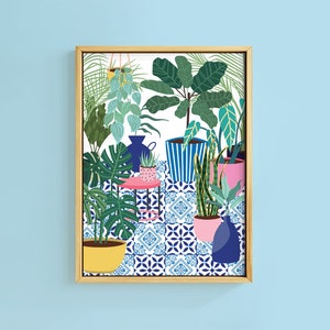 Greek Tile Botanical Terrace House Plants Art Print | Unframed A6 A5 A4 A3 A2 A1 | Moroccan Mediterranean Eclectic Gallery Wall Art Poster