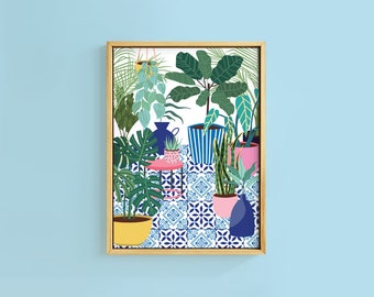 Greek Tile Botanical Terrace House Plants Art Print | Unframed A6 A5 A4 A3 A2 A1 | Moroccan Mediterranean Eclectic Gallery Wall Art Poster