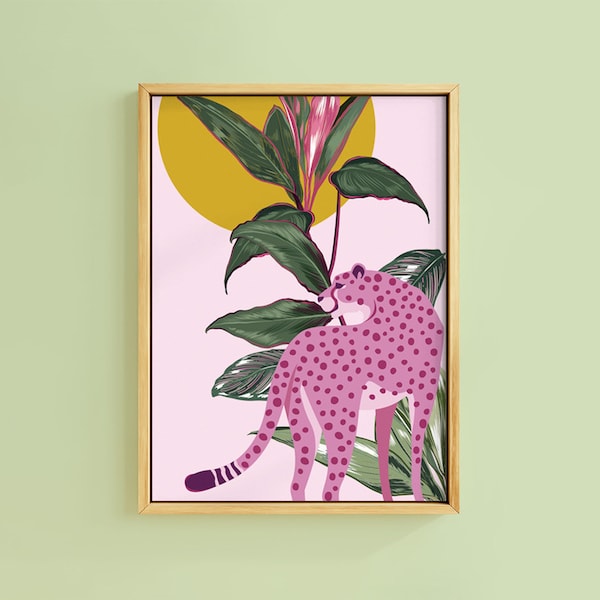 Botanical Cheetah Tropical Pink African Sun Print | Unframed A6 A5 A4 A3 A2 Art | Gallery Wall Frame Decor Statement Decor Mustard Graphic