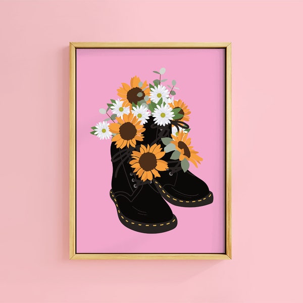 Sunflower Boot Pink Bunch Sunflowers Daisy Flowers Art Print | Unframed A6 A5 A4 A3 A2 | DMs Vintage Decor Girl Cool Bold Rock Goth docs