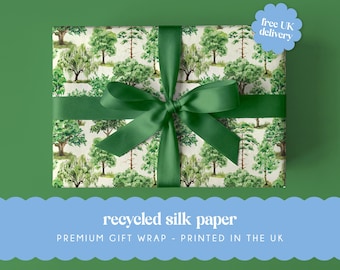 Wald Bäume Geschenkpapier | A2 Bögen 42 x 59,4 cm | Recyceltes Seidenpapier | Botanisches Geschenkpapier zum Geburtstag, Hochzeit, Jubiläum