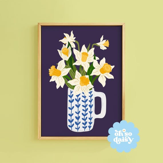 Daffodil Bunch Art Print Navy Cosy Home Decor | Unframed A6 A5 A4 A3 A2 A1 | Cottage Core Floral Bold Kitchen Narcissus