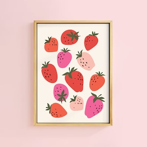 Super Sweet Strawberries Pink Red Fruity Art Print | Unframed A6 A5 A4 A3 A2 A1 | Bold Peach Pink Graphic Gallery Decor