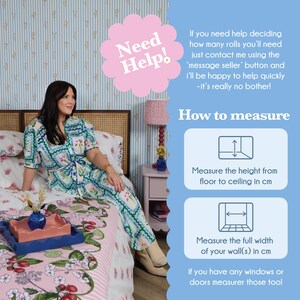 A woman sitting on a bed in a floral print dress, with a "Need Help!" sign above her. The image also includes instructions on how to measure a room for a new bedspread.