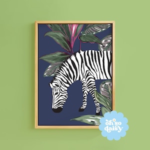 Botanical Zebra Art Print Tropical Navy Midnight Print | Unframed A6 A5 A4 A3 A2 A1 Art | Boho Home Decor Wall Vintage Animal