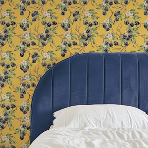 Bramble and Blackeberry Blossom Hand Painted Wallpaper Roll - Heritage Mustard Yellow Cosy Interior