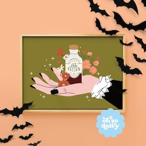 A Love Potion Witch Cure Spells Art Print | Unframed A6 A5 A4 A3 A2 A1 | Wall Poster Botanical Cottagecore Magic Pumpkin Halloween