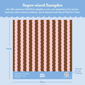 The image is a super-sized sample of a chocolate-flavored soft serve, with a 50x50 cm (or 50x10 cm) pattern. The sample is offered for quick and easy ordering through the Royal Mail First Class service.