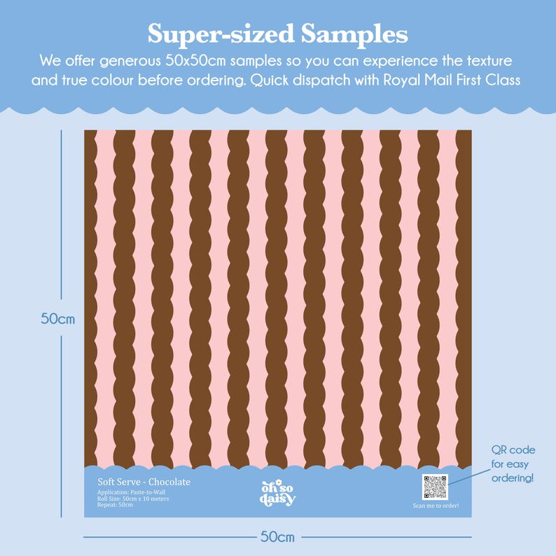 The image is a super-sized sample of a chocolate-flavored soft serve, with a 50x50 cm (or 50x10 cm) pattern. The sample is offered for quick and easy ordering through the Royal Mail First Class service.