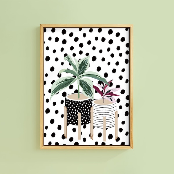 Dalmatian Pot Botanical Art Print | Unframed A6 A5 A4 A3 A2 A1 | Poster Wall Dots Plant Pot Illustration Graphic Gallery Spots  Leaves